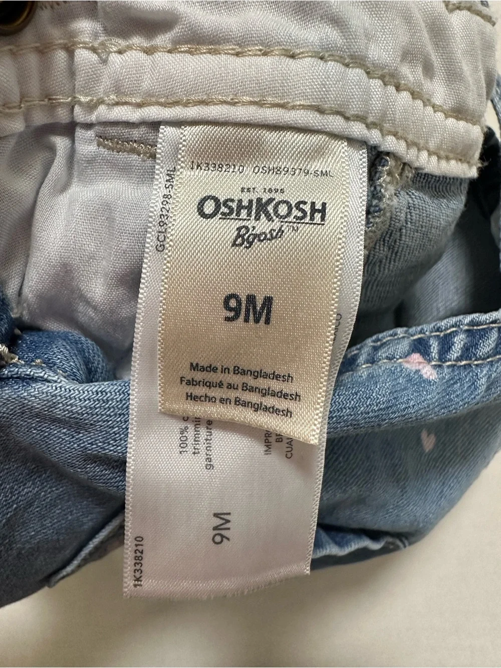 OshKosh 9mo Denim Heart Print Overalls Light Blue with Pink Hearts Heart Pocket